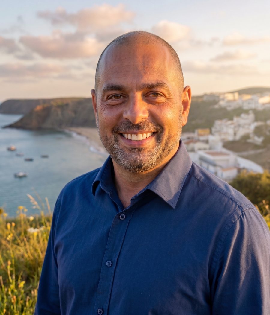 Fábio Rodrigues, Gründer und Guide von Algarfun, an der Costa Vicentina bei Sonnenuntergang